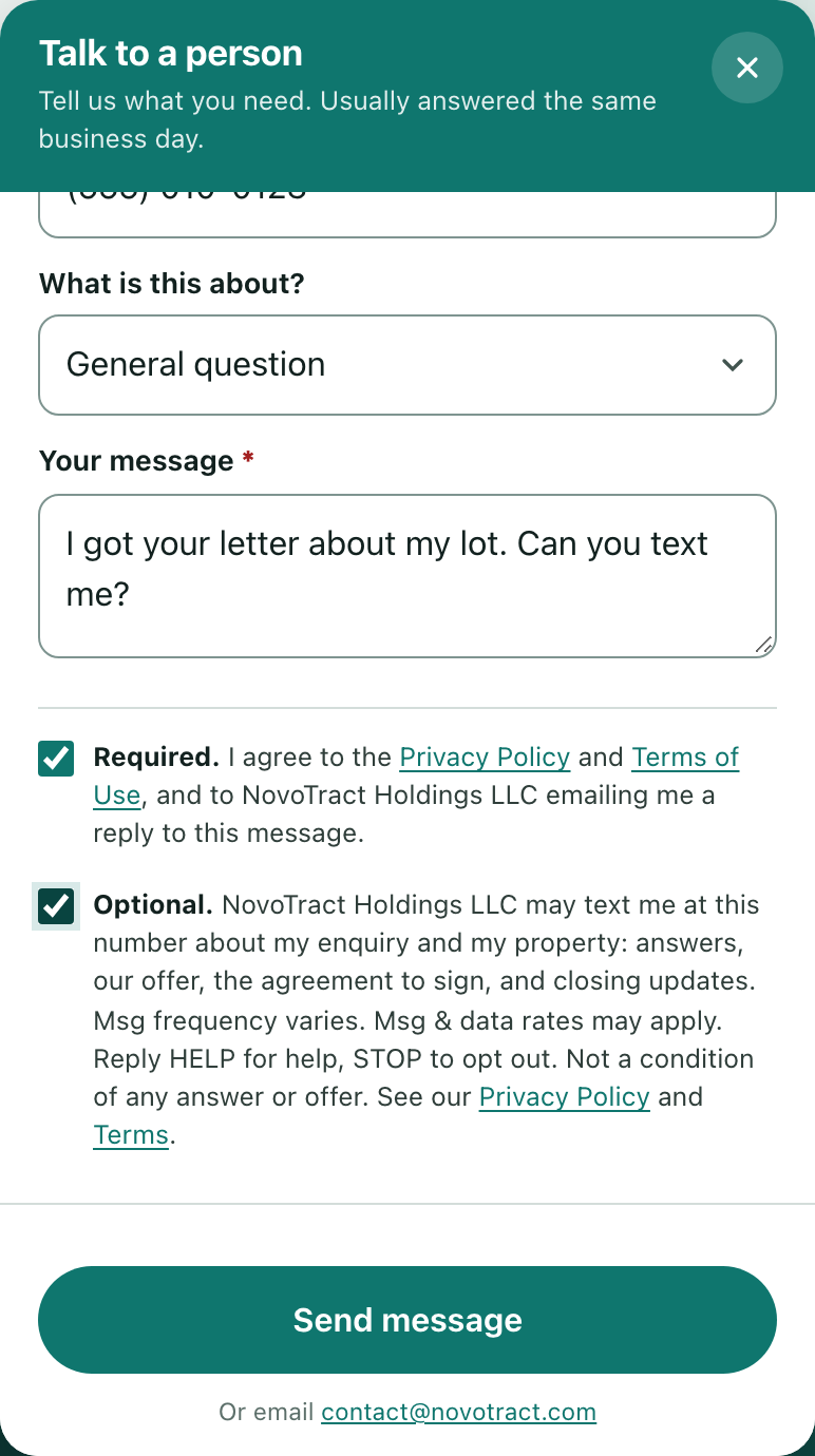 Our message form: the required box for the Privacy Policy and Terms of Use, and below it the optional box for text messages, ticked